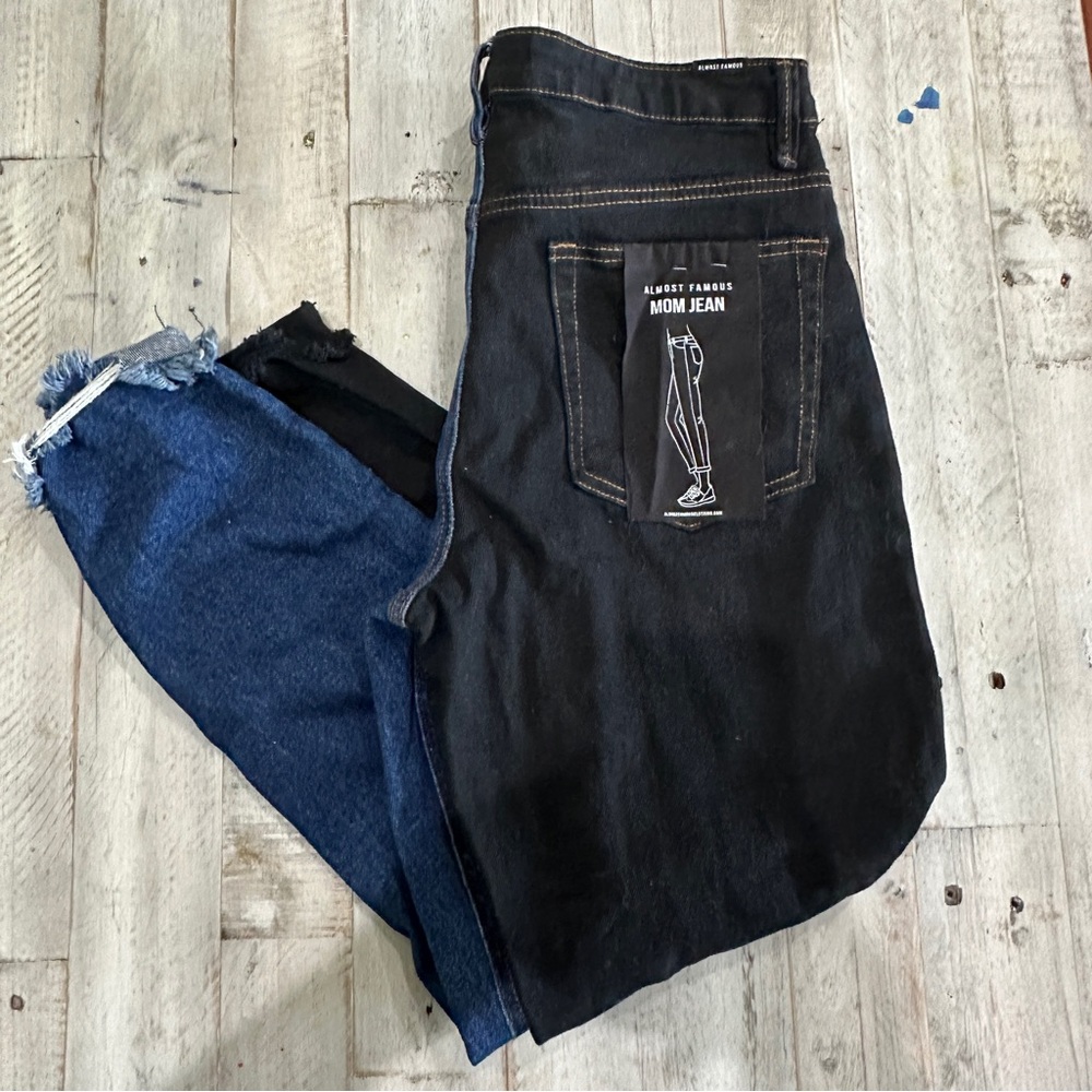 Almost Famous‎ Black Blue Colorblock Mom Jeans Two Faced Distressed Raw Hem
